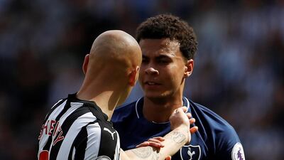 Newcastle United’s Jonjo Shelvey reacts after stamping on Tottenham's Dele Alli. Lee Smith / Reuters
