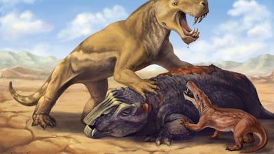 Giant gorgonopsian Inostrancevia with its dicynodont prey, scaring off the much smaller African species Cyonosaurus. Matt Celeskey.