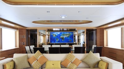 The living room of a Majesty 135 yacht at the Gulf Craft factory in Umm Al Quwain. Sarah Dea / The National