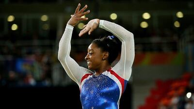 Simone Biles of the United States competes on the floor during the women’s gymnastics individual all-around final at the 2016 Rio Olympics at Rio Olympic Arena on August 11, 2016 in Rio de Janeiro, Brazil. Alex Livesey / Getty Images