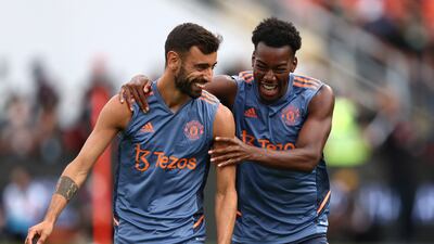 United's Bruno Fernandes with Anthony Elanga during training. Reuters