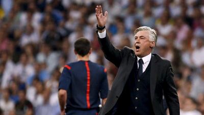 Real Madrid manager Carlo Ancelotti gestures during their 2-2 La Liga draw against Valencia on Saturday. Paul Hanna / Reuters