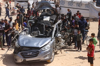 The wreckage of a car hit by an Israeli strike in Khan Younis. EPA