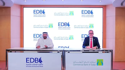 Ahmed Mohamed Al Naqbi, chief executive of Emirates Development Bank, signs a memorandum of understanding with Bernd van Linder, chief executive of Commercial Bank of Dubai, to offer strategic funding for SMEs in the UAE's priority sectors. Courtesy: Emirates Development Bank