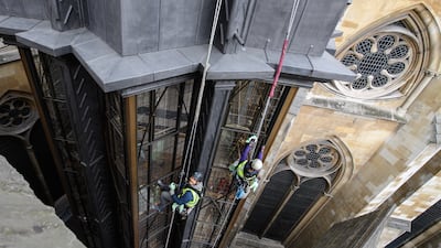 Window cleaners on the new tower at Westminster Abbey in 2018