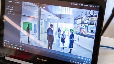 Gems Wellington Academy in Al Khail with heat monitoring at the school building entrance. Antonie Robertson/The National