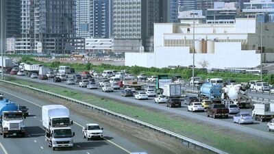 Slow-moving traffic on Ras Al Khor Road in Dubai. Pawan Singh / The National