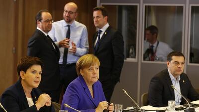 L-R: Polish prime minister Beata Szydlo, German chancellor Angela Merkel and Greek prime minister Alexis Tsipras at the start of the second day of the European Council meeting in Brussels on June 29, 2016. Pascal Rossignol / EPA
