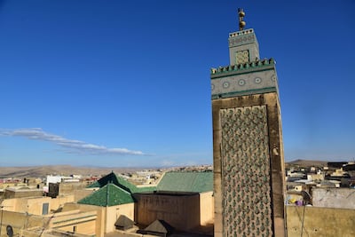 The minaret is covered in turquoise mosaics made from traditional zellige tiles. Photo: Ronan O’Connell