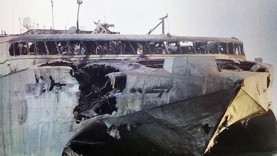 Wreckage of the aid ship Swift after it was attacked by Houthi rebels with a missile and small-arms fire in Bab Al Mandeb early on Saturday. Wam