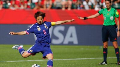Aya Miyama of Japan scores a penalty against England in her side's Women's World Cup semi-final victory. Kevin C Cox / Getty Images / AFP / July 1, 2015