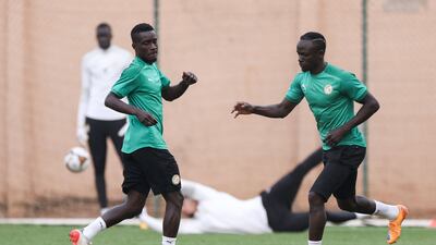 Senegal's forward Sadio Mane, right, and teammates take part in a training session at the Omnisports Ahmadou Ahidjo Stadium in Yaounde. AFP