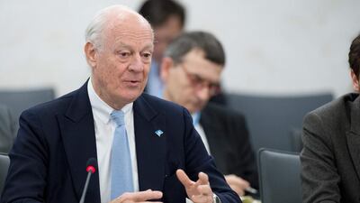 United Nations special envoy for Syria Staffan de Mistura speaking at the International Syria Support Group (ISSG) during the Intra-Syrian Talks in Geneva 2016 on February 25, 2016. He said that Friday will be a “crucial day” as the deadline for a partial truce brokered by Moscow and Washington loomed. AFP Photo/ UN photo by Jean-Marc Ferre