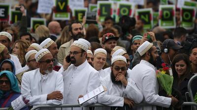 Muslims join others during a vigil at Potters Fields Park in London to commemorate the victims of the terrorist attack on London Bridge and at Borough Market in 2017. Daniel Leal-Olivas / AFP