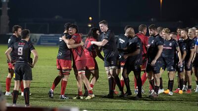 Bahrain players after their narrow victory against Dubai Exiles at The Sevens Stadium.
