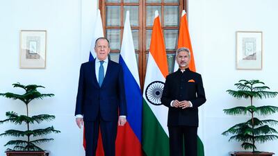 India's Minister of External Affairs Subrahmanyam Jaishankar, right, with Russian Foreign Minister Sergey Lavrov before their meeting in New Delhi. AP