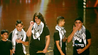 Members of Al Takht Al Sharqi perform at Arabs Got Talent, 2015. From left, Mahmoud Kehail, Ramzi Alfar, Reema Ashour, Sarraj Al Sersawi and Ahmad Al Madhoun. Courtesy MBC