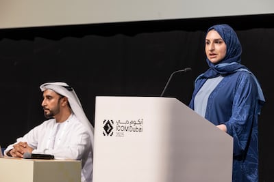 Hala Badri, director general of Dubai Culture and chairwoman of the ICOM Dubai 2025 organising committee, right, and Nasir Al Darmaki, chair of ICOM UAE. Antonie Robertson / The National