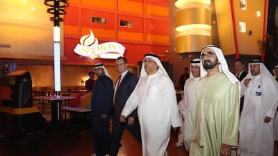 Sheikh Mohammed visits the IMG Boulevard which includes 200,000 square-feet of live and interactive entertainment including the Haunted Hotel and other shops.