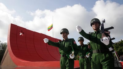 Honour guards march during a ceremony marking the 72nd Martyrs' Day at the Martyrs' Mausoleum in Yangon, Myanmar. EPA