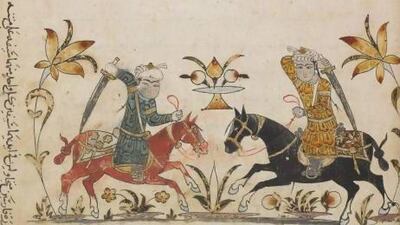 This manuscript of two horsemen competing at swordsmanship not only gives instructions on military arts, it also describes the metallurgical methods used in producing swords.