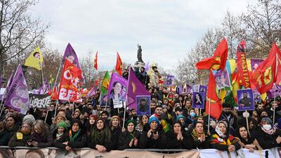 Kurdish marchers gather on the Place de la Republique in Paris. AFP