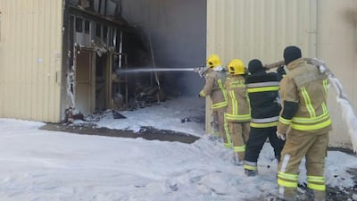 Civil Defence battled a blaze that destroyed “a big part of the goods” in the warehouses, which stored plastics, stationery and other highly flammable materials. Courtesy Security Media