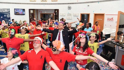 For the sixth consecutive year Indian businessman Mohan Valrani, the founder of The Arcadia Preparatory School and Executive Vice Chairman of Al Shirawi Group celebrates his birthday with the children of Rashid Centre for the disabled. Courtesy Rashid Centre for the Disabled