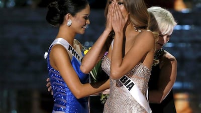 Miss Colombia Ariadna Gutierrez, right, reacts next to Miss Philippines Pia Alonzo Wurtzbach, when she was originally announced as the winner during the 2015 Miss Universe Pageant in Las Vegas. Steve Marcus / Reuters