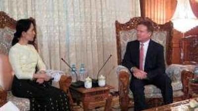 The US Senator Jim Webb and Aung San Suu Kyi discuss the political situation in Myanmar on Saturday.