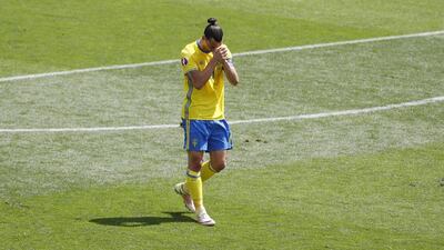Sweden’s Zlatan Ibrahimovic reacts during his team’s match against Italy in Euro 2016 Group E play in Toulouse. Vincent Kessler / Reuters