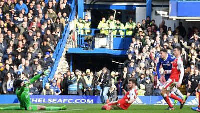 Chelsea's Eden Hazard scores against Arsenal at Stamford Bridge February 4, 2017. Andy Rain / EPA