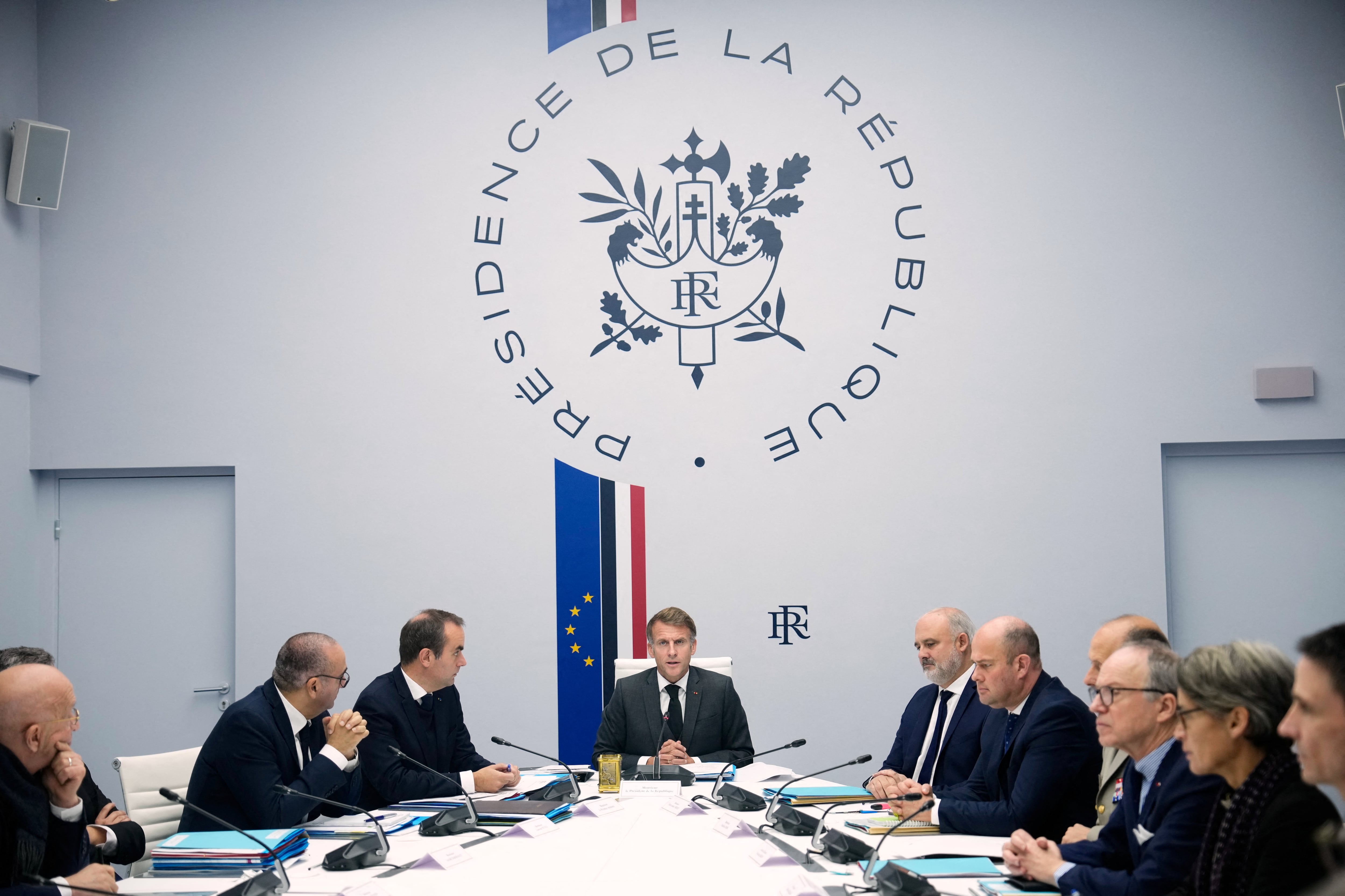 French President Emmanuel Macron attends a security council meeting at the Elysee Palace in Paris. Reuters