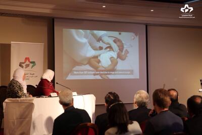 Hanadi Abou Arab, deputy head of the unified Syrian opposition delegation, speaks during an event on the plight of eastern Ghouta in Geneva, Switzerland, on December 13, 2017. Syrian National Commission (SNC)