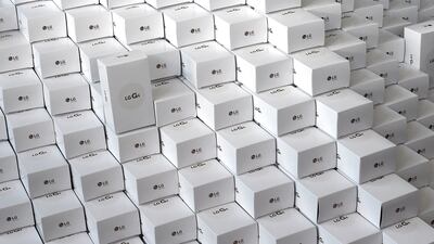 A stack of new LG G4 phones at One World Trade Center in New York City. Timothy Clary / AFP