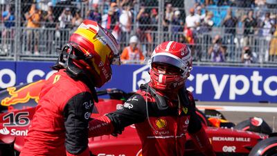 Ferrari's Charles Leclerc, right, congratulates teammate Carlos Sainz in Miami. AP