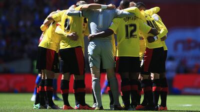 Watford players huddle prior to the game. Theirs was a performance beyond even their expectations throughout the season as the Championship's third-placed team were one game away from returning to the top-flight. Richard Heathcote / Getty Images