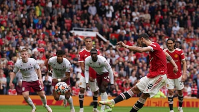 Manchester United's Bruno Fernandes misses a late penalty during their Premier League defeat against Aston Villa at Old Trafford, on Saturday, September 25. PA
