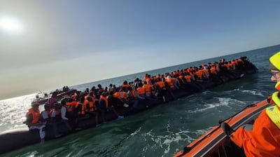 The inflatable boat carrying 230 people across the English Channel on Monday. Photo: SNSM