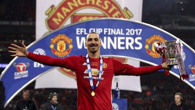 Manchester United's Zlatan Ibrahimovic celebrates with the trophy after his side won the League Cup final, beating Southampton 3-2 at Wembley Stadium, London, Sunday February 26, 2017. Nick Potts / PA