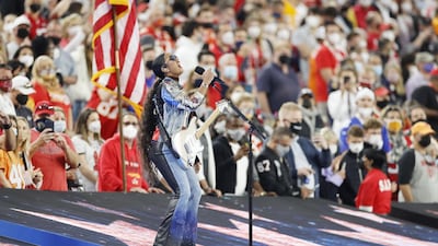 HER performs during pre-game ceremonies at Raymond James Stadium in Tampa, Florida. EPA