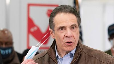 Governor Andrew Cuomo speaks during a visit to a Covid-19 vaccination site, March 15, 2021. AFP / POOL