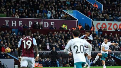 Manchester City defender Ruben Dias shoots to score the opening goal against Aston Villa. AFP