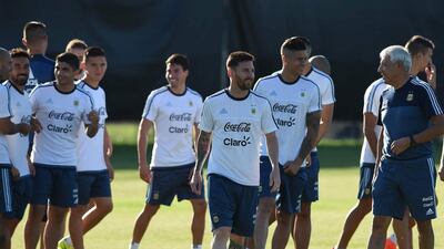 Lionel Messi, centre, trains with the Argentina national team at the San Jose State University. Mark Ralston / AFP
