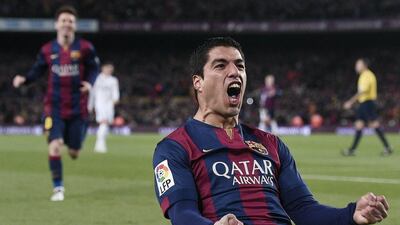 Barcelona's Luis Suarez celebrates after scoring the eventual winner in Barca's 2-1 el clasico victory over Real Madrid on Sunday night at the Camp Nou. Josep Lago / AFP / March 22, 2015