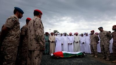 Funeral prayers held for the Emirati pilot Zayed Ali Al Kaabi who was killed in Yemen at the Merbah Graveyard in Fujairah. Satish Kumar / The National