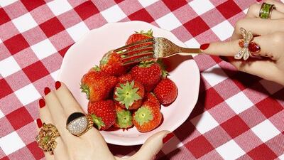 From left, Panthère de Cartier bracelet, Dh124,000, Cartier. Diva bracelet, Dh22,900, Bvlgari. Hortensia watch, Dh102,100, Chaumet. Bee my Love watch, Dh229,700, Chaumet. Panthère de Cartier ring, Dh70,000, Cartier. Paris Nouvelle Vague ring, Dh170,000, Cartier. Abeille ring, Dh204,600, Chaumet. B.Zero1 ring, Dh5,400, Bvlgari.