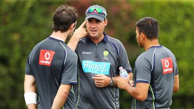 Australian Coach Mickey Arthur speaks with Usman Khawaja and Glenn Maxwell of Australia during an Australian nets session at Sydney Cricket Ground on January 2, 2013 in Sydney, Australia. Brendon Thorne/Getty Images
