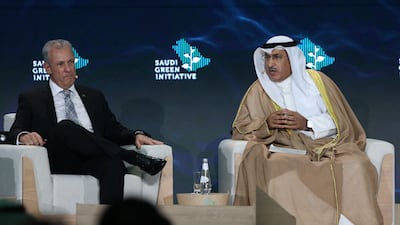 Kuwaiti oil minister Mohammed Al Fares, right, at the Saudi Green Initiative Forum in Riyadh. Kuwait, one of the least diversified economies in the Gulf region, is looking at developing a 2 Gigawatt wind and solar project. AFP)