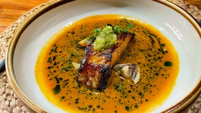 Marinated black cod with doenjang shellfish stock.